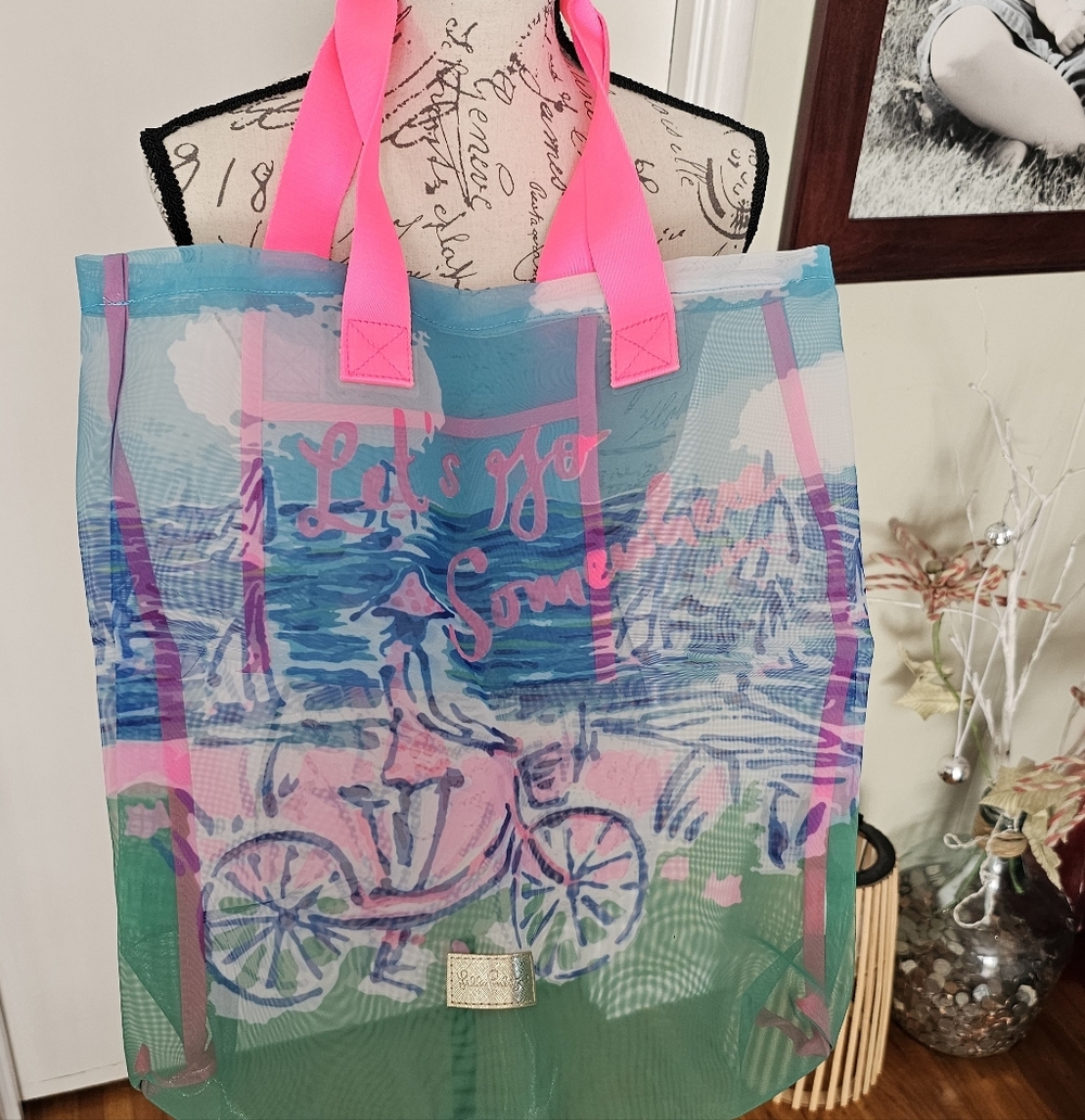 NEW, GWP Lilly Pulitzer Pink and Green Mesh Tote Bag